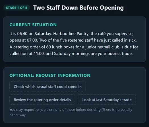 Decision Lab, stage 1 of 8 of a fictional café scenario: two staff have called in sick before opening, with a catering order due at 11:00. The candidate can optionally request three pieces of information before deciding. The excerpt ends before the answer choices.