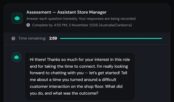 The candidate's interview screen for an Assistant Store Manager role, showing the completion deadline, a three-minute timer and an example question about turning around a difficult customer interaction on the shop floor.